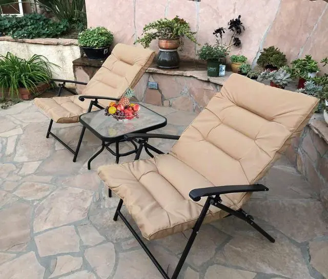 Alt view image 6 of 6 - 3 Pieces Patio Padded Folding Chair, Outdoor Adjustable Reclining Lounge Chairs with Tempered Glass Table (Beige)