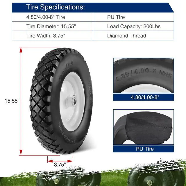 Alt view image 2 of 6 - 4.80 4.00-8 Flat-Free Wheelbarrow Tire, 4.80/4.00-8 Tire and Wheel w/Grease Fitting, 3" Centered Hub, 3/4" Bearings, 4.80 4.00-8 Tires for Hand Truck, Trolley, Garden Cart, Wagons