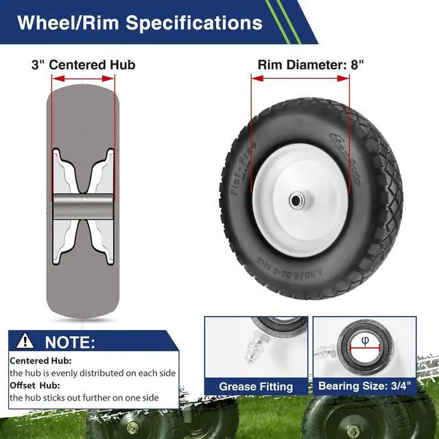 Alt view image 3 of 6 - 4.80 4.00-8 Flat-Free Wheelbarrow Tire, 4.80/4.00-8 Tire and Wheel w/Grease Fitting, 3" Centered Hub, 3/4" Bearings, 4.80 4.00-8 Tires for Hand Truck, Trolley, Garden Cart, Wagons