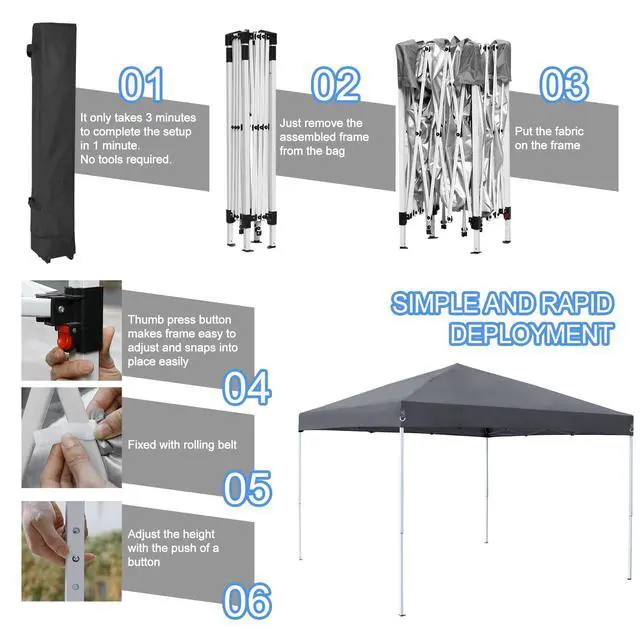 Alt view image 4 of 6 - 10 x 10 FT Pop Up Canopy Tent - Instant Outdoor Folding Canopy w/Wheeled Carry Bag, 4 Ropes, Straight Legs, Stakes, Height Adjustable Outdoor Tent Sun Protection Beach Shelter Dark Gray