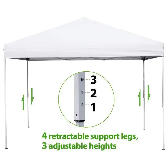 Alt view image 3 of 6 - 10 x 10 FT Pop Up Canopy Tent - Instant Outdoor Canopy with Wheeled Carry Bag, 4 Ropes, Straight Legs, Stakes,Height Adjustable Outdoor Tent Sun Protection Beach Shelter, White