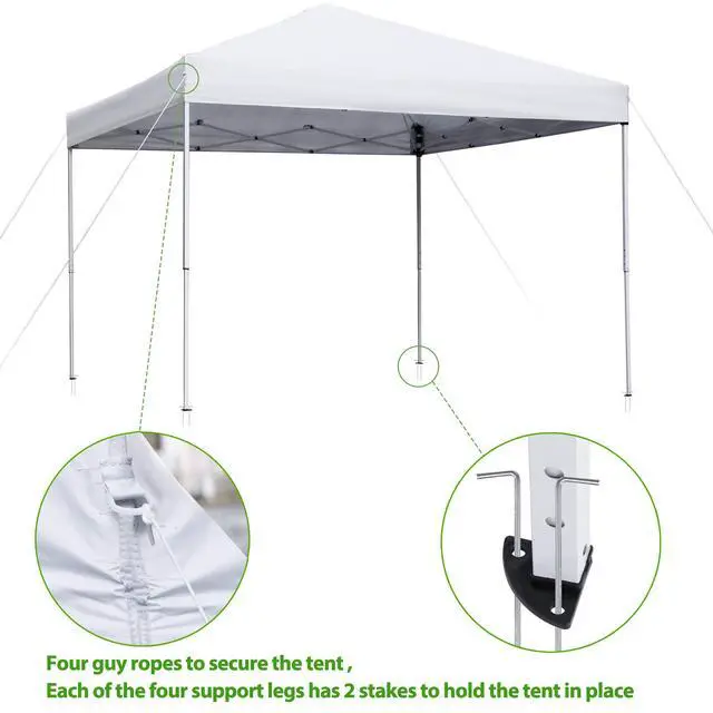 Alt view image 4 of 6 - 10 x 10 FT Pop Up Canopy Tent - Instant Outdoor Canopy with Wheeled Carry Bag, 4 Ropes, Straight Legs, Stakes,Height Adjustable Outdoor Tent Sun Protection Beach Shelter, White