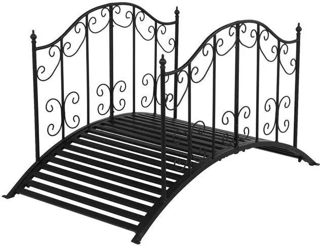 Main image of Garden Bridge Metal Yard Arch Path Bridge with Patterned Guardrails, Ourdoor Decorative Black Iron Foot Bridge for Pond and Backyard Landscaping-4FT