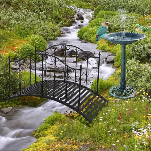 Alt view image 2 of 6 - Garden Bridge Metal Yard Arch Path Bridge with Patterned Guardrails, Ourdoor Decorative Black Iron Foot Bridge for Pond and Backyard Landscaping-4FT