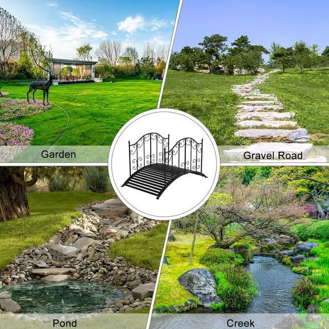 Alt view image 3 of 6 - Garden Bridge Metal Yard Arch Path Bridge with Patterned Guardrails, Ourdoor Decorative Black Iron Foot Bridge for Pond and Backyard Landscaping-4FT