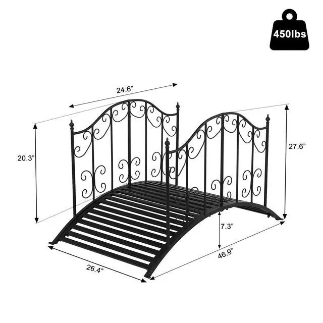 Alt view image 4 of 6 - Garden Bridge Metal Yard Arch Path Bridge with Patterned Guardrails, Ourdoor Decorative Black Iron Foot Bridge for Pond and Backyard Landscaping-4FT