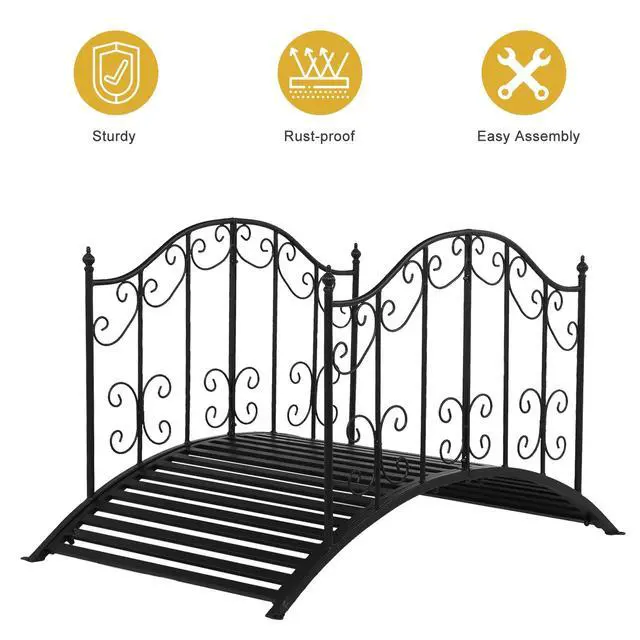 Alt view image 5 of 6 - Garden Bridge Metal Yard Arch Path Bridge with Patterned Guardrails, Ourdoor Decorative Black Iron Foot Bridge for Pond and Backyard Landscaping-4FT
