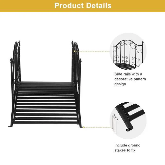 Alt view image 6 of 6 - Garden Bridge Metal Yard Arch Path Bridge with Patterned Guardrails, Ourdoor Decorative Black Iron Foot Bridge for Pond and Backyard Landscaping-4FT