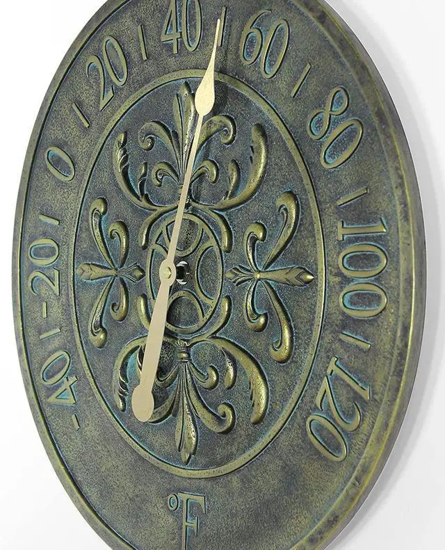 Alt view image 2 of 6 - Blanc Fleur Aged Bronze - 15in Round Wall Thermometer, Aged Bronze Finish Case, Water Resistant