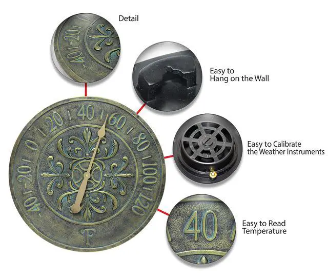 Alt view image 5 of 6 - Blanc Fleur Aged Bronze - 15in Round Wall Thermometer, Aged Bronze Finish Case, Water Resistant