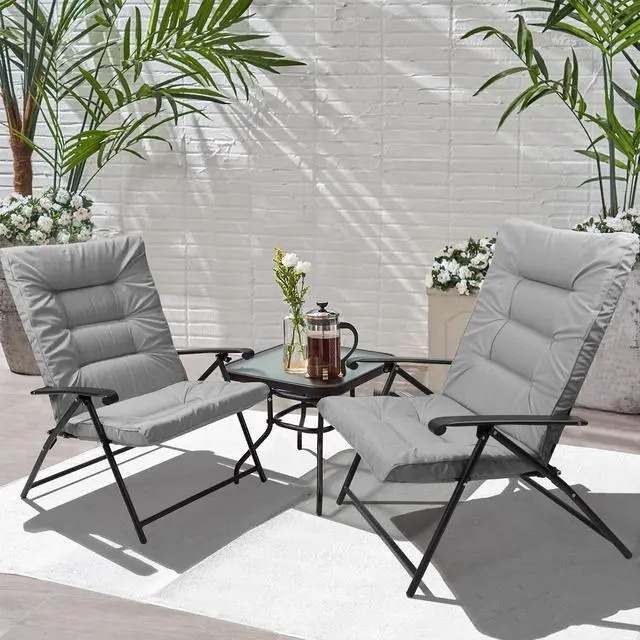 Main image of 3 Pieces Patio Padded Folding Chair, Outdoor Adjustable Reclining Lounge Chairs with Tempered Glass Table (Grey)