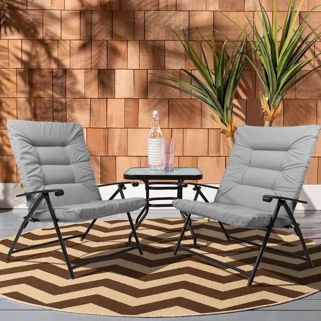 Alt view image 2 of 6 - 3 Pieces Patio Padded Folding Chair, Outdoor Adjustable Reclining Lounge Chairs with Tempered Glass Table (Grey)