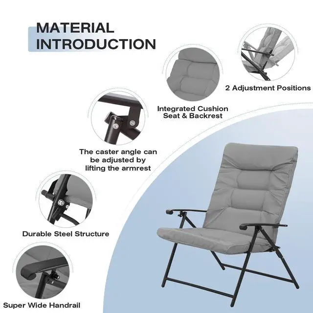 Alt view image 3 of 6 - 3 Pieces Patio Padded Folding Chair, Outdoor Adjustable Reclining Lounge Chairs with Tempered Glass Table (Grey)