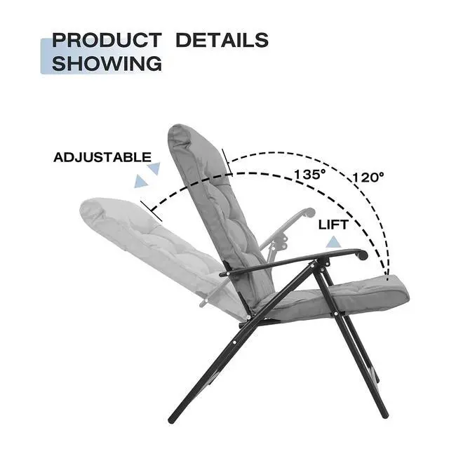 Alt view image 4 of 6 - 3 Pieces Patio Padded Folding Chair, Outdoor Adjustable Reclining Lounge Chairs with Tempered Glass Table (Grey)