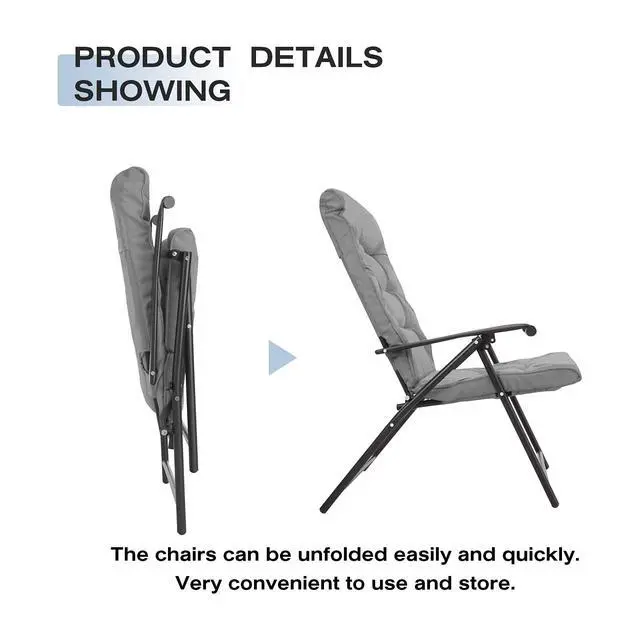 Alt view image 5 of 6 - 3 Pieces Patio Padded Folding Chair, Outdoor Adjustable Reclining Lounge Chairs with Tempered Glass Table (Grey)