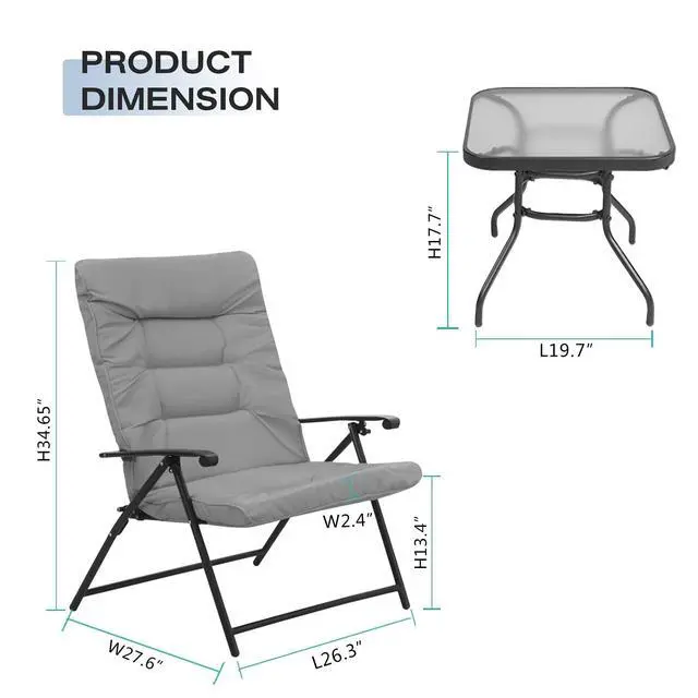 Alt view image 6 of 6 - 3 Pieces Patio Padded Folding Chair, Outdoor Adjustable Reclining Lounge Chairs with Tempered Glass Table (Grey)