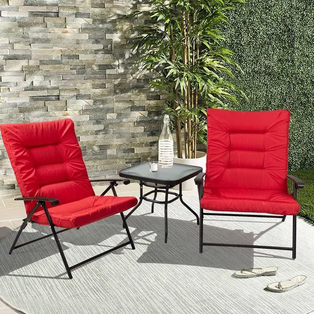 Main image of 3 Pieces Patio Padded Folding Chair, Outdoor Adjustable Reclining Lounge Chairs with Tempered Glass Table (Red)