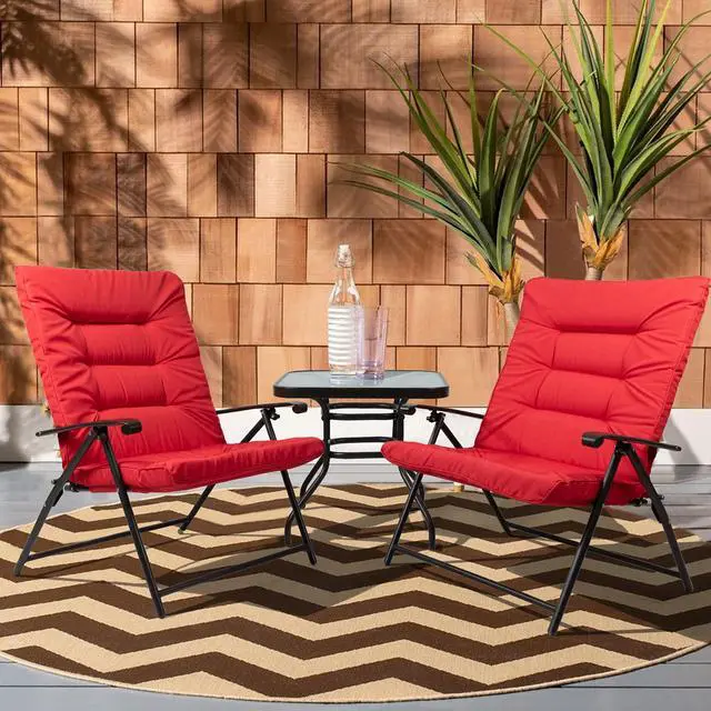 Alt view image 2 of 6 - 3 Pieces Patio Padded Folding Chair, Outdoor Adjustable Reclining Lounge Chairs with Tempered Glass Table (Red)