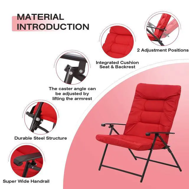 Alt view image 3 of 6 - 3 Pieces Patio Padded Folding Chair, Outdoor Adjustable Reclining Lounge Chairs with Tempered Glass Table (Red)