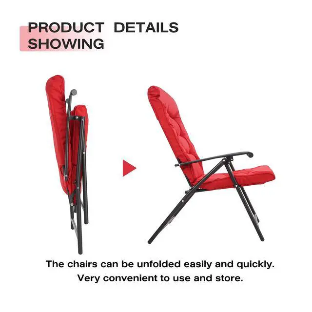 Alt view image 4 of 6 - 3 Pieces Patio Padded Folding Chair, Outdoor Adjustable Reclining Lounge Chairs with Tempered Glass Table (Red)