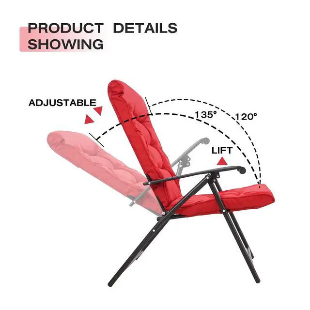 Alt view image 5 of 6 - 3 Pieces Patio Padded Folding Chair, Outdoor Adjustable Reclining Lounge Chairs with Tempered Glass Table (Red)