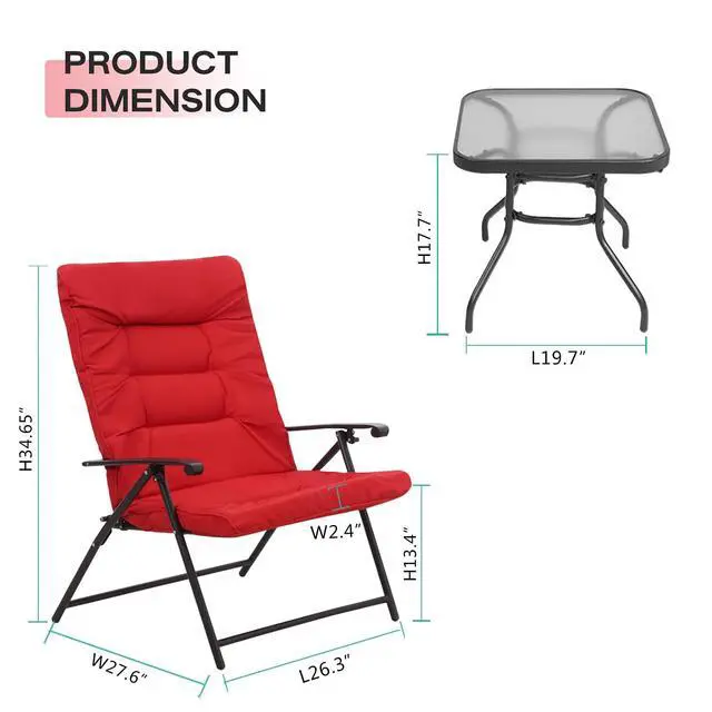 Alt view image 6 of 6 - 3 Pieces Patio Padded Folding Chair, Outdoor Adjustable Reclining Lounge Chairs with Tempered Glass Table (Red)