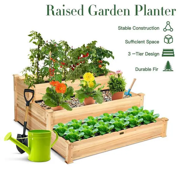 Alt view image 3 of 6 - 3 Tier Raised Garden Bed Wood Elevated Planter Box Vegetable Flower Growing Bed Kit Outdoor Planting Container for Backyard Lawn Patio Planter Raised Beds, Easy Assembly 49"X49"X22"