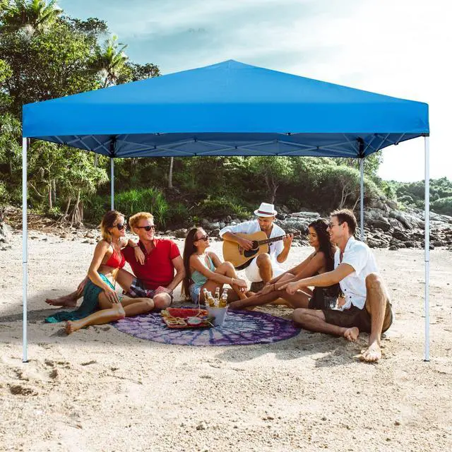 Alt view image 3 of 6 - 10 x 10 FT Pop Up Canopy Tent - Instant Outdoor Canopy with Wheeled Carry Bag, 4 Ropes, Straight Legs, Stakes, Height Adjustable Outdoor Tent Sun Protection Beach Shelter, Blue