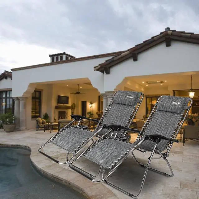 Alt view image 2 of 6 - Zero Gravity Chair Set of 2, Outdoor Lounge Chairs with Pillow and Cup Holder Patio Lawn Chair Outdoor Recliner for Deck,Patio,Beach,Yard