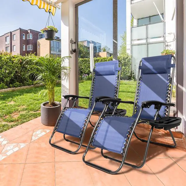 Alt view image 2 of 6 - Infinity Zero Gravity Chair, Outdoor Lounge Patio Chairs with Pillow and Utility Tray Adjustable Folding Recliner for Deck,Patio,Beach,Yard Pack 2 (Blue)