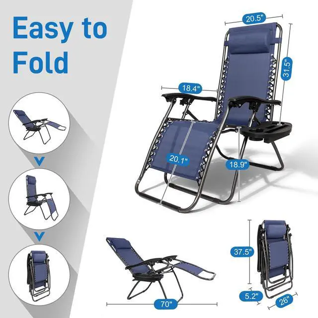 Alt view image 3 of 6 - Infinity Zero Gravity Chair, Outdoor Lounge Patio Chairs with Pillow and Utility Tray Adjustable Folding Recliner for Deck,Patio,Beach,Yard Pack 2 (Blue)