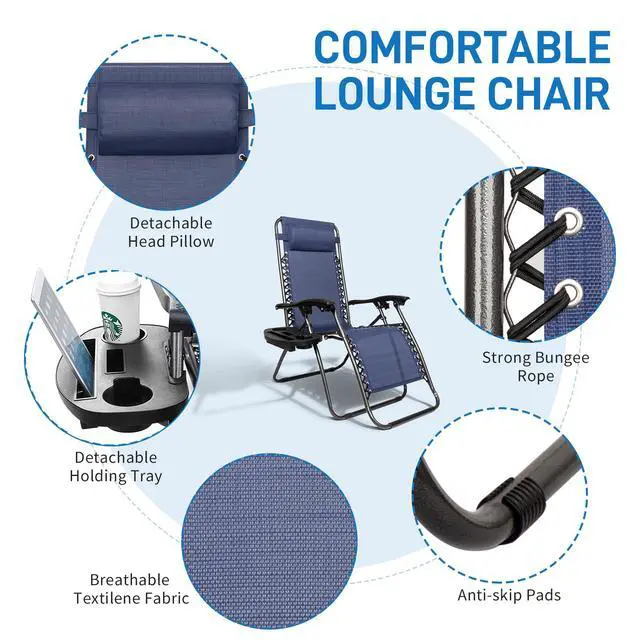 Alt view image 5 of 6 - Infinity Zero Gravity Chair, Outdoor Lounge Patio Chairs with Pillow and Utility Tray Adjustable Folding Recliner for Deck,Patio,Beach,Yard Pack 2 (Blue)
