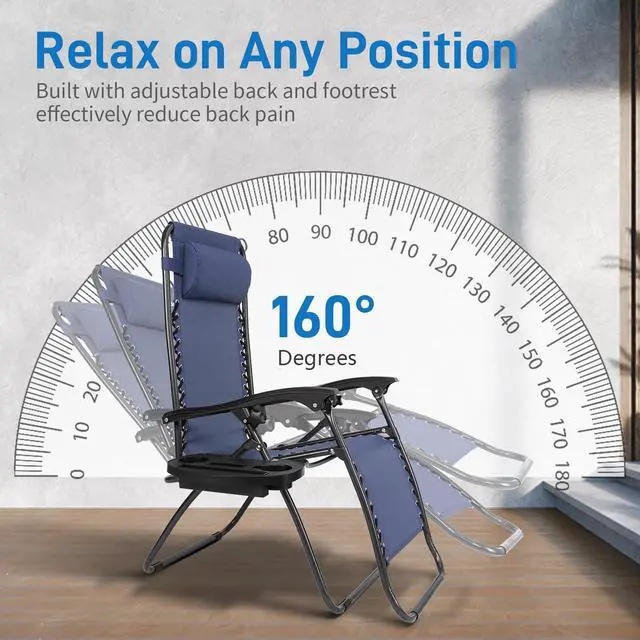Alt view image 6 of 6 - Infinity Zero Gravity Chair, Outdoor Lounge Patio Chairs with Pillow and Utility Tray Adjustable Folding Recliner for Deck,Patio,Beach,Yard Pack 2 (Blue)