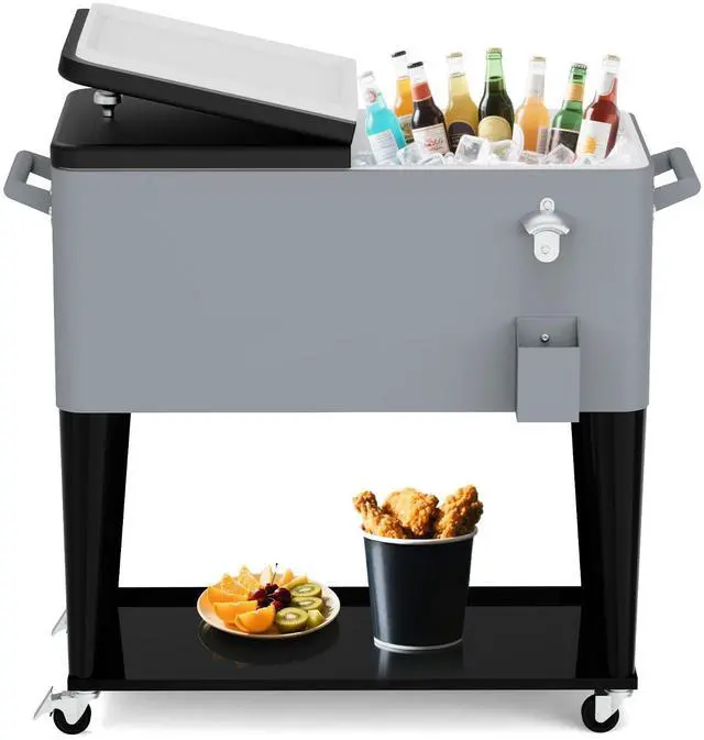 Main image of 80QT Rolling Cooler Cart on Wheels for Outdoor Patio Party Bar Beverage Ice Chest with Bottle Opener, Drain Plug and Shelf