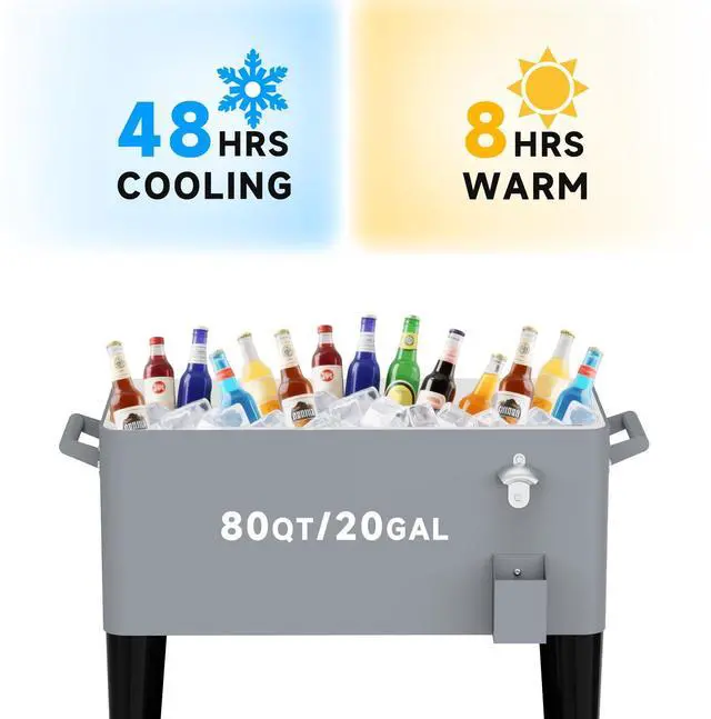 Alt view image 2 of 6 - 80QT Rolling Cooler Cart on Wheels for Outdoor Patio Party Bar Beverage Ice Chest with Bottle Opener, Drain Plug and Shelf