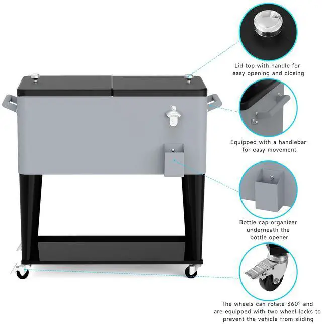 Alt view image 3 of 6 - 80QT Rolling Cooler Cart on Wheels for Outdoor Patio Party Bar Beverage Ice Chest with Bottle Opener, Drain Plug and Shelf