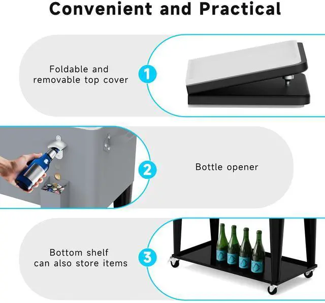 Alt view image 5 of 6 - 80QT Rolling Cooler Cart on Wheels for Outdoor Patio Party Bar Beverage Ice Chest with Bottle Opener, Drain Plug and Shelf