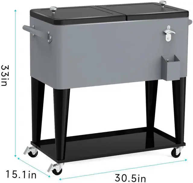 Alt view image 6 of 6 - 80QT Rolling Cooler Cart on Wheels for Outdoor Patio Party Bar Beverage Ice Chest with Bottle Opener, Drain Plug and Shelf