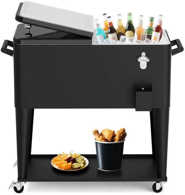 Main image of 80QT Rolling Cooler Cart on Wheels for Outdoor Patio Party Bar Beverage Ice Chest with Bottle Opener, Drain Plug and Shelf