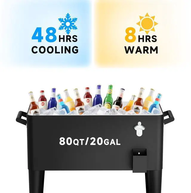 Alt view image 3 of 6 - 80QT Rolling Cooler Cart on Wheels for Outdoor Patio Party Bar Beverage Ice Chest with Bottle Opener, Drain Plug and Shelf