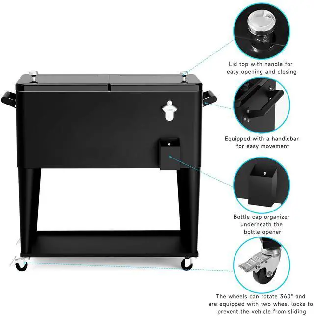Alt view image 4 of 6 - 80QT Rolling Cooler Cart on Wheels for Outdoor Patio Party Bar Beverage Ice Chest with Bottle Opener, Drain Plug and Shelf