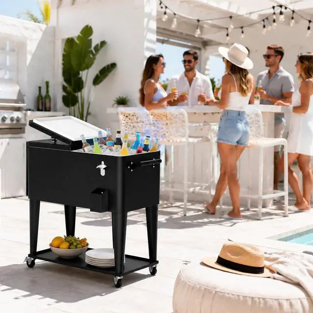 Alt view image 5 of 6 - 80QT Rolling Cooler Cart on Wheels for Outdoor Patio Party Bar Beverage Ice Chest with Bottle Opener, Drain Plug and Shelf
