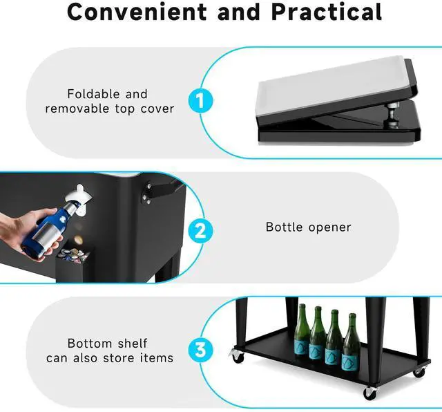 Alt view image 6 of 6 - 80QT Rolling Cooler Cart on Wheels for Outdoor Patio Party Bar Beverage Ice Chest with Bottle Opener, Drain Plug and Shelf