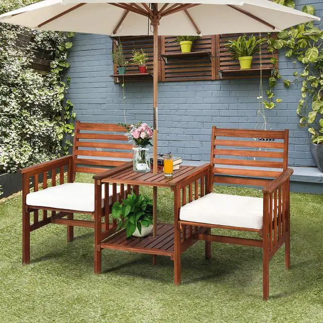 Alt view image 2 of 6 - Acacia Wood Loveseat, 3pcs Outdoor Table Chairs Set, Patio Conversation Set w/Coffee Table and Soft Cushions, 2.1-inch Umbrella Hole, 2-Seater Furniture Set (White)