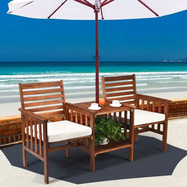 Alt view image 3 of 6 - Acacia Wood Loveseat, 3pcs Outdoor Table Chairs Set, Patio Conversation Set w/Coffee Table and Soft Cushions, 2.1-inch Umbrella Hole, 2-Seater Furniture Set (White)