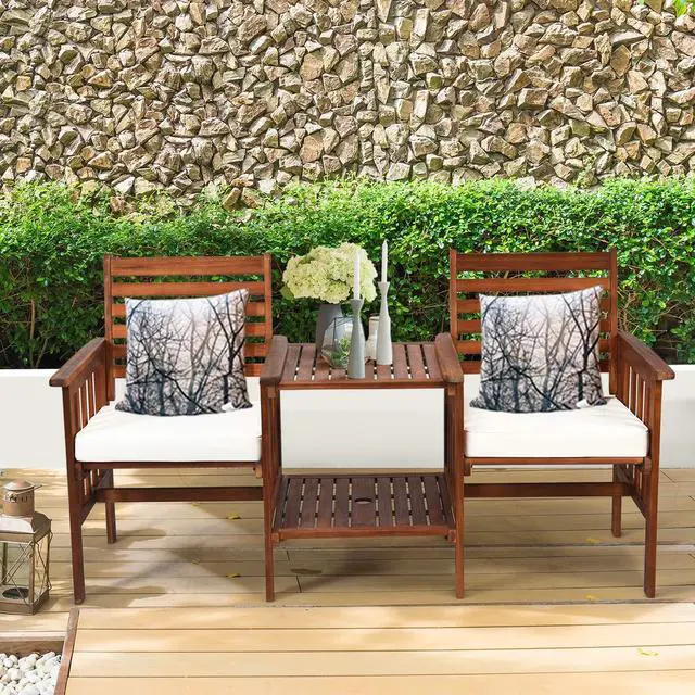 Alt view image 4 of 6 - Acacia Wood Loveseat, 3pcs Outdoor Table Chairs Set, Patio Conversation Set w/Coffee Table and Soft Cushions, 2.1-inch Umbrella Hole, 2-Seater Furniture Set (White)
