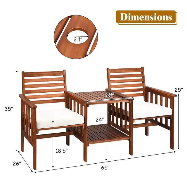 Alt view image 5 of 6 - Acacia Wood Loveseat, 3pcs Outdoor Table Chairs Set, Patio Conversation Set w/Coffee Table and Soft Cushions, 2.1-inch Umbrella Hole, 2-Seater Furniture Set (White)