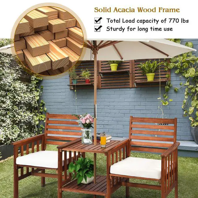 Alt view image 6 of 6 - Acacia Wood Loveseat, 3pcs Outdoor Table Chairs Set, Patio Conversation Set w/Coffee Table and Soft Cushions, 2.1-inch Umbrella Hole, 2-Seater Furniture Set (White)