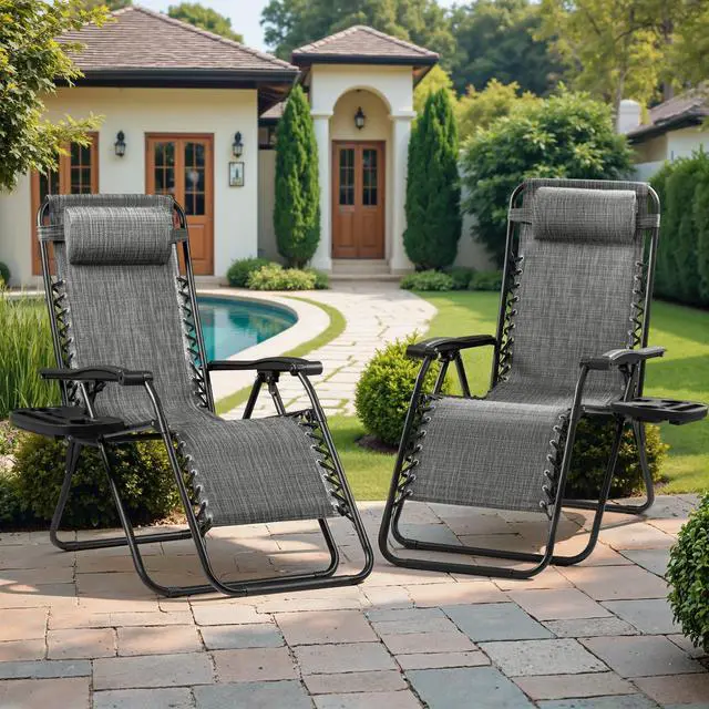 Alt view image 2 of 6 - Patio Zero Gravity Chair Outdoor Folding Lounge Chair Recliners Adjustable Lawn Lounge Chair with Pillow for Poolside, Yard and Camping (Grey)