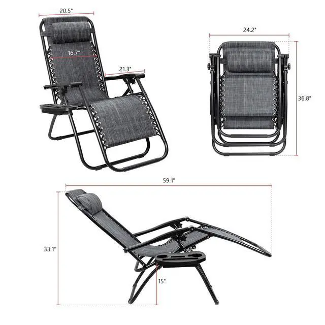 Alt view image 3 of 6 - Patio Zero Gravity Chair Outdoor Folding Lounge Chair Recliners Adjustable Lawn Lounge Chair with Pillow for Poolside, Yard and Camping (Grey)